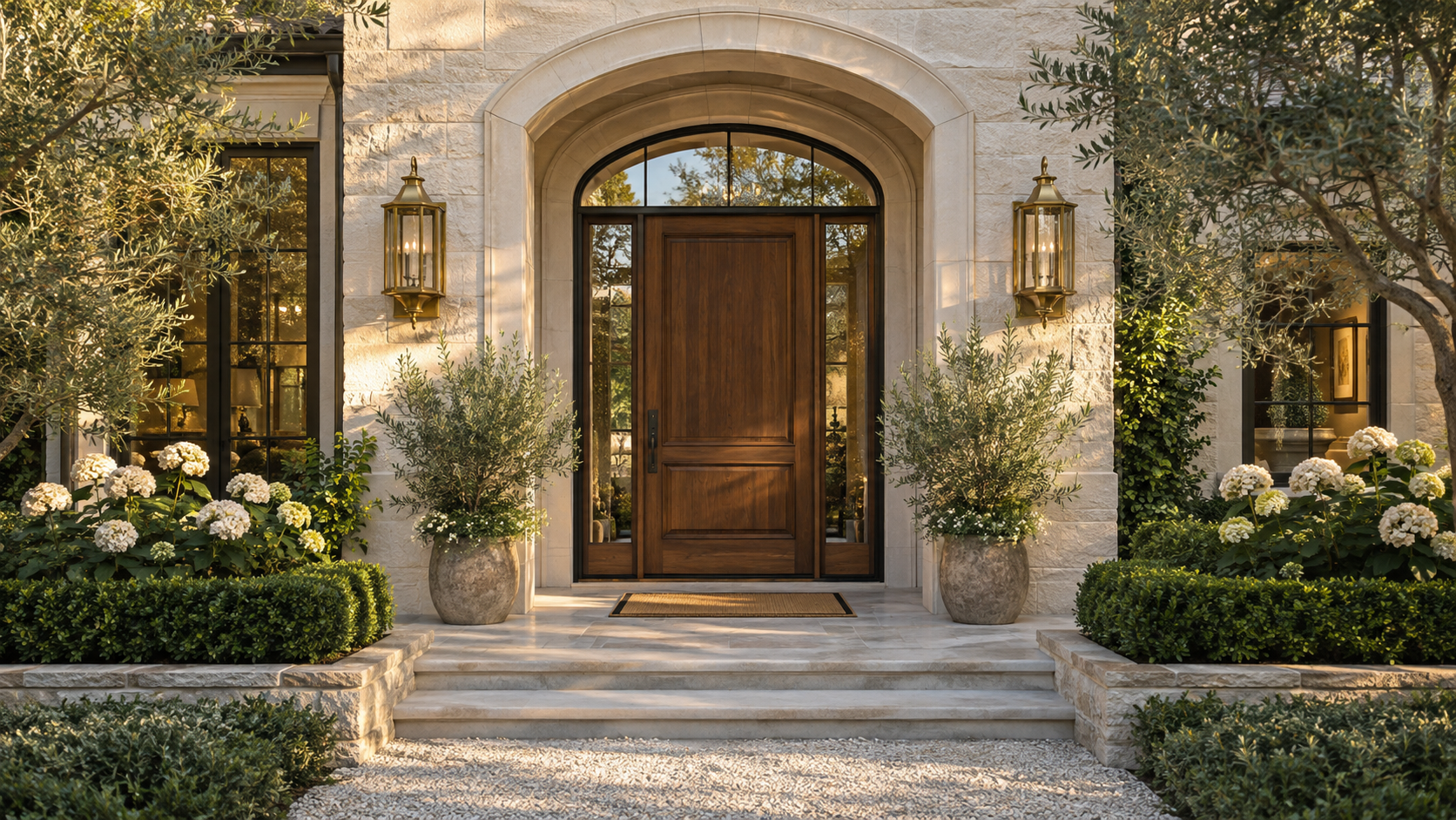 Refined wood entry door framed by natural stone and brass lanterns
