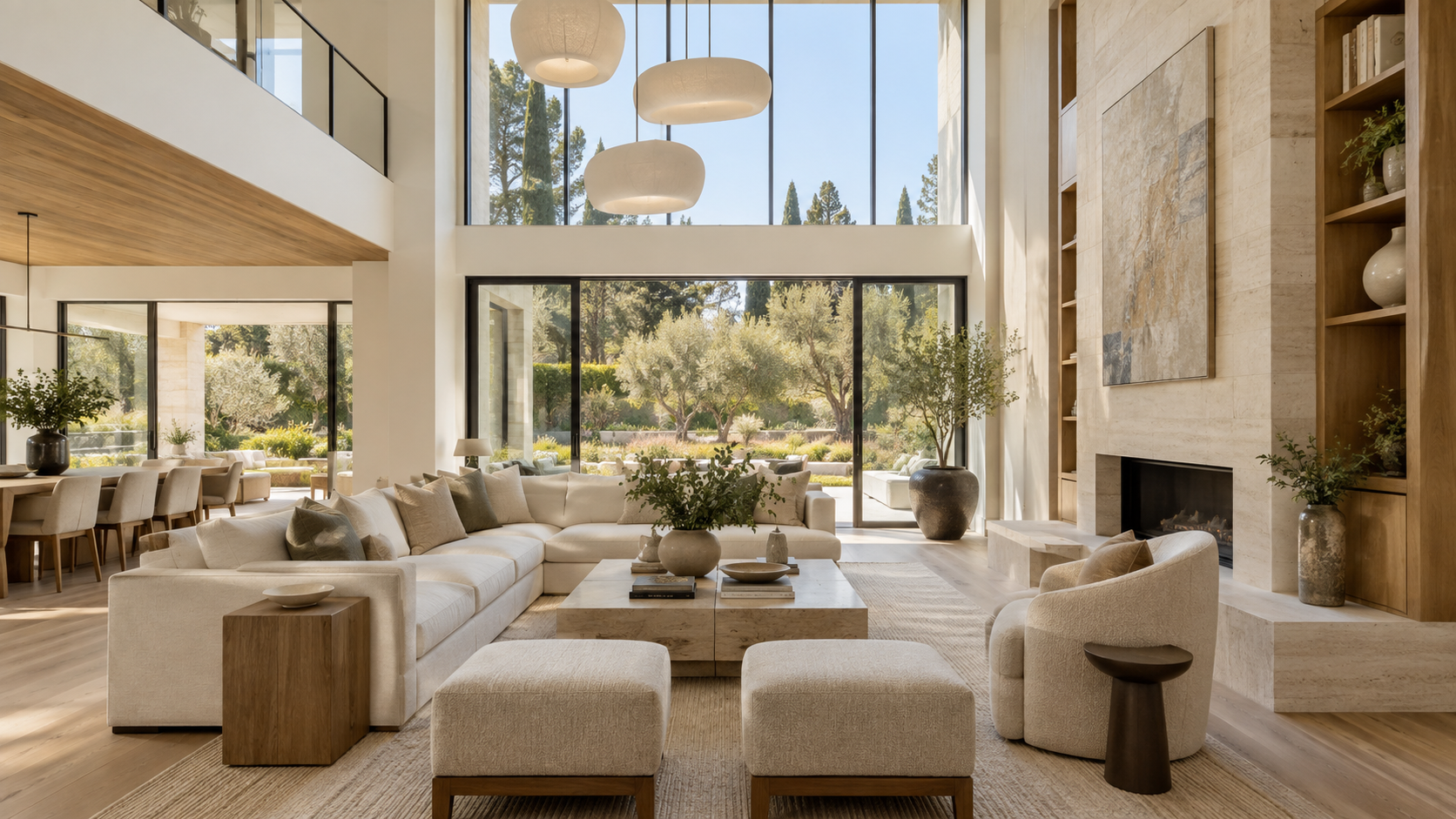 Airy open living room with tall windows and warm natural materials
