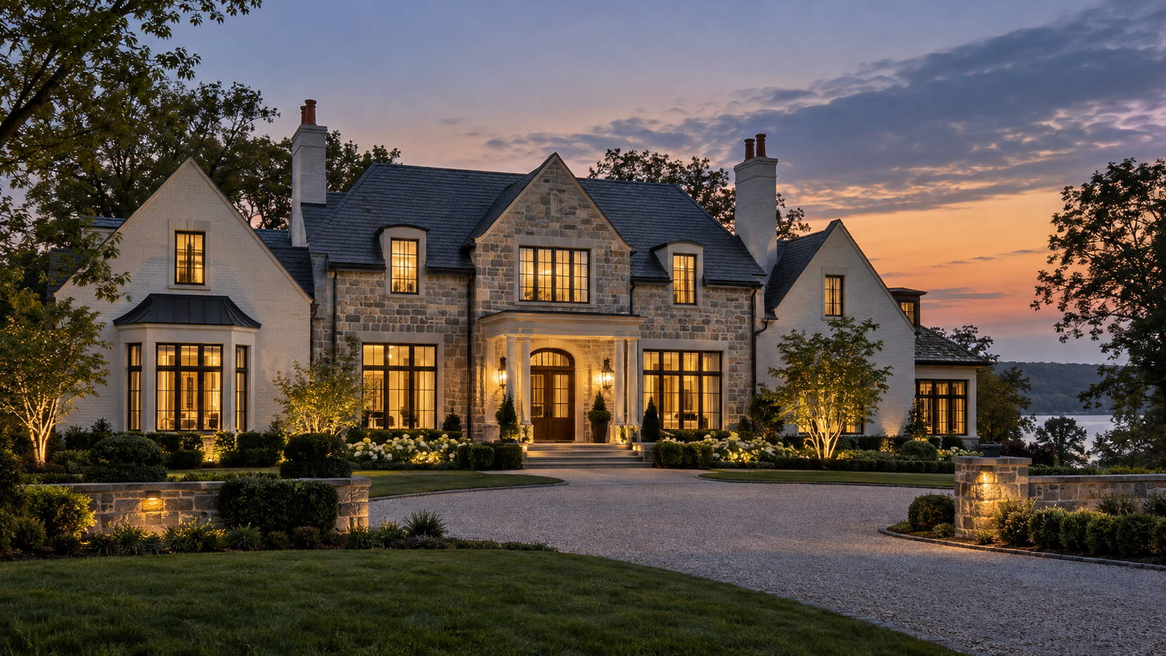 Luxury home at dusk with warm illuminated windows and landscape lighting